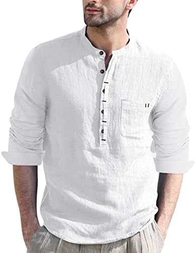 Копче за лене со врат со машка ленена летна кошула со долги ракави за мажи за брзо сушење кошула со џеб