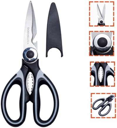 SamaSeleza кујнски ножици со отвор за оревче и отворач на шишиња - ножици со тешки пречки со покривка - ергономски рачки на ABS - лесен отпорен на 'рѓа и корозија - совршен за