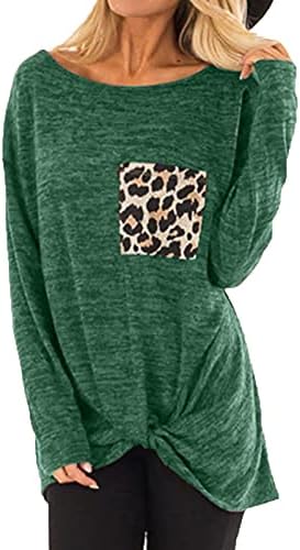 Womenените врвови удобни обични долги ракави за џемпер на џемпер, Туника Туника, леопард, печатен џеб пулвер, блуза од блузи, маички со маици