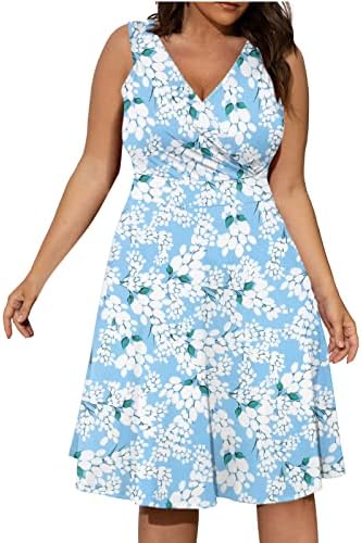 Emsенски летен обичен фустан плус големина без ракави со ракави за замав, цветно печатење, фустани за забави на плажа Бохо со