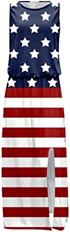 Фустани од 4 јули за жени случајни американски знамиња Starвезда Долга макси фустан летен пресек на екипажот на плажа со џеб
