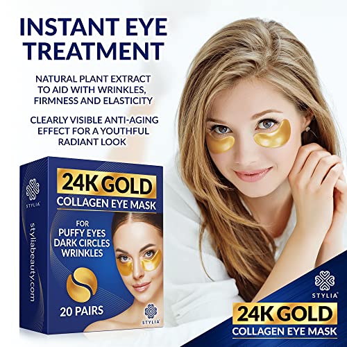 Стилија 24к злато под закрпи за очи - 20 пара под маска за очи со хијалуронска киселина, хидролизирана колаген, растителни екстракти