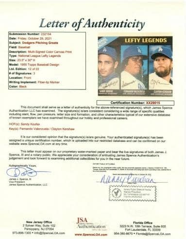 Sandy Koufax Kershaw Valenzuela Autographed 24x30 Canvas Photo Dodgers /22 JSA - Autographed MLB Art