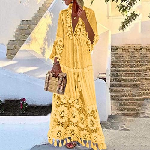 Зефотим летни фустани за жени 2023 година со долг ракав Флорал против вратот макси фустан обичен моден плажа фустани