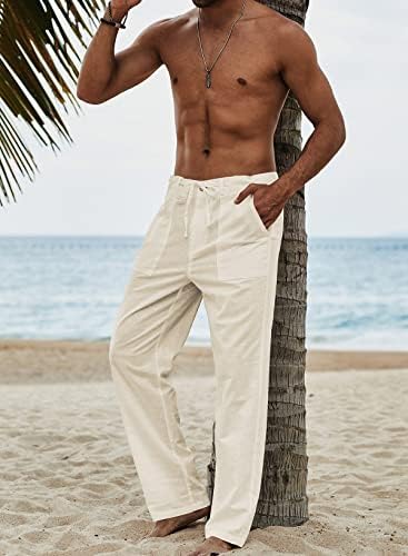Jmierr mens обични памучни постелнини панталони Еластично влечење лабава панталони лесни летни плажа јога панталони