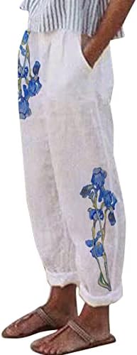 Обични постелнини панталони за жени трендовски цветни печати одмори панталони со плажа широки нозе еластични половини исечени панталони