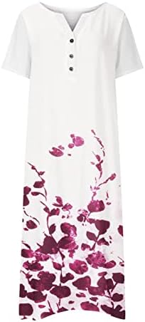 Фустани за жени 2023 секси, женско копче за облекување цветно џеб краток ракав против вратот лесен лабав фустан
