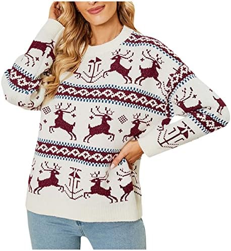 Womenените Божиќна празничка забава пулвер џемпери симпатична смешна ирваси лента со лежерна облека за трикотажа трендовски