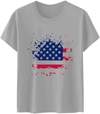 Женски 4 -ти јули врвови на американската starвезда шарена знаме печатени маички Основни кратки ракави екипаж летен празник