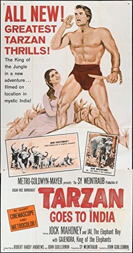 Тарзан оди во Индија, оригиналниот филмски постер на САД, американски три-лист, преклопен во просечна користена состојба ockок