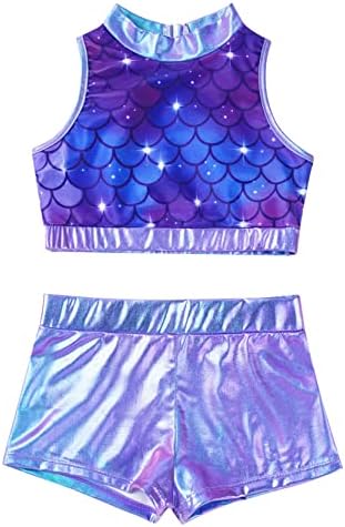 Haitryli Girls Kids Jazz Hip Hop Dancewear Sequins Crop Top Shorts Поставени за атлетски танц за фитнес вежби за фитнес