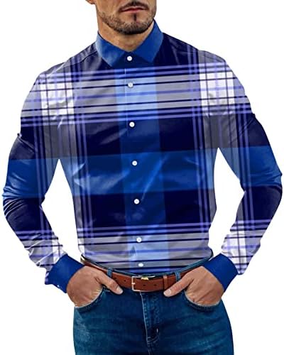 XXBR машки карирани копче надолу со кошули со долги ракави, решетка за јака, решетка, фустан кошула улична гроздобер деловна