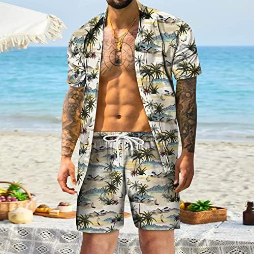 Облека со 2 парчиња облека за мажи се протегаат мода на хавајски кошула и кратки комплети тропски обични спортски облеки за спортска облека