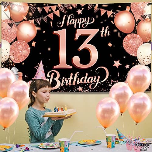 Катчон, Банер за 13 - ти Роденден Од Розово Злато-XtraLarge, 72x44 Инчи | Розово Злато Среќен Роденден 13 Позадина За Среќни