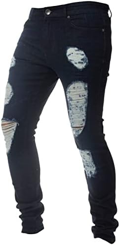 Dgkaxiyahm Men тенок вклопни слаби искинати фармерки со низок половината за истегнување на половината, потресени панталони за тексас мото уништување измиени панталони