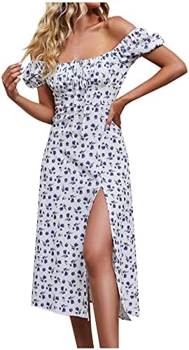Женски цветен бохо-облик фустан со ракав плоштад врат миди фустани лето случајна количка надвор од рамото а-линија долг фустан