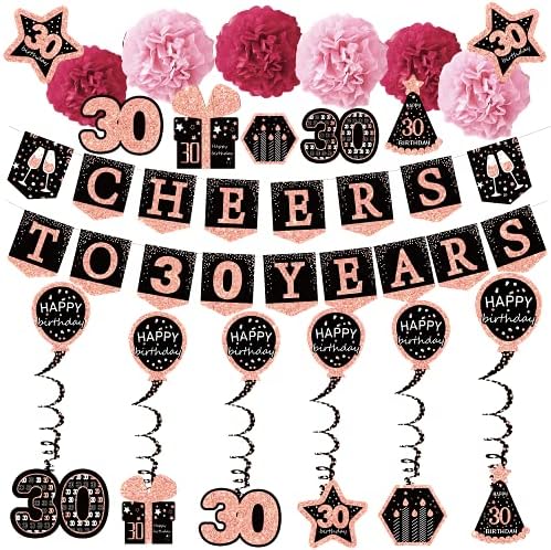 30 -ти роденденски украси за неа - Cheers до 30 години розово злато сјајно знаме за неа, 6 хартиени пом, 6 висини вртење, 7