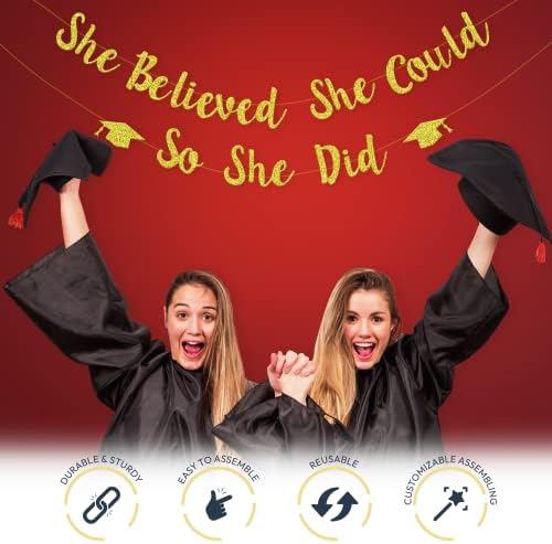 Банер за дипломирање на девојчиња за забави, таа веруваше дека може да направи - 8 стапки | Златни честитки Банер за матурски украси Класа од 2023 година | Честитки Град