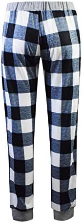 Пантами за панталони за жени меки сини карирани пижами со сино-половини, удобни случајни панталони за спортски салон за спортски