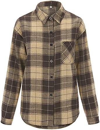 Chainените есенски обични кошули карирани печати со долги ракави копче надолу од џебната облека, лабава палто кардиган за работа за работа