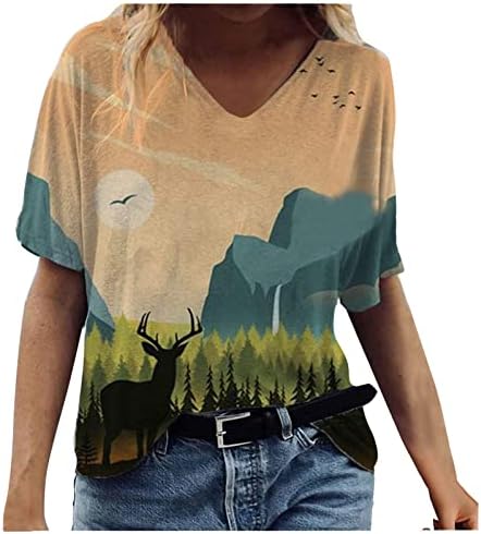 Летните блузи за жени кои се обидени печатени средни ракави против вратот лабави модни маици за одмор и врвови