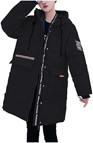 Женски зимски палто топло средно-должина џебови со долги ракави мода за влечење буквата