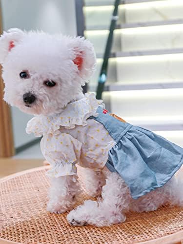 Qwinee Heart & Bear везена кучиња фустан мачка руфла трим тексас фустан милениче суспензија здолниште за мали кучиња со средни