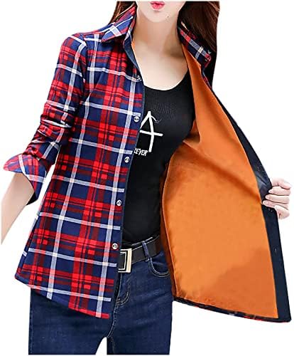 Womenените плус кадифе густа топла кошула памук Ц карирано печатено палто со еден гради со долг ракав, активен мек патент на