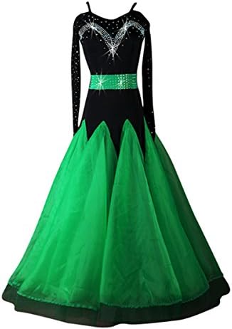 Накоку женски зелена сала за салони за танцување танцувачки фустани перформанси чинлон органза кристали/rhinestones долги ракави