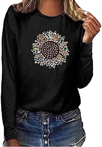 Женски едноставен екипаж пулвер со долги ракави маица сончоглед печати симпатична смешна графичка џемпери во обични памучни