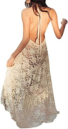 Обичен летен фустан, женски чипка видете преку шуплива шема V вратот врзана женска плажа фустан женски цветни чипка