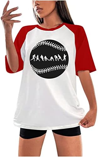 Женски бејзбол раглан во боја блок маици летни смешни графички кратки ракави со тркалезни врат-тимови обични лабави врвови
