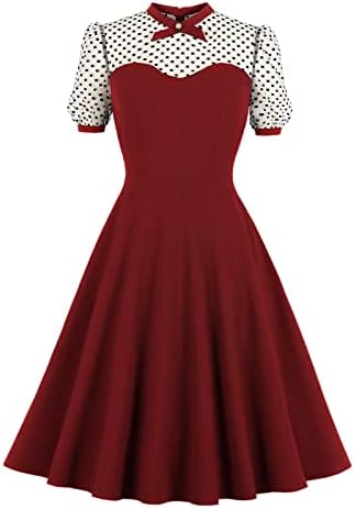 Women'sенски Полка точки Везење клуч за клучеви од 1950-тите гроздобер коктел фустан А-линија ретро рокабили матурска забава