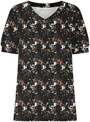Дами памук vneck цвет графички бранч лабава вклопена шарена блуза маица кратка мафта за ракав за ракави за тинејџери за тинејџери