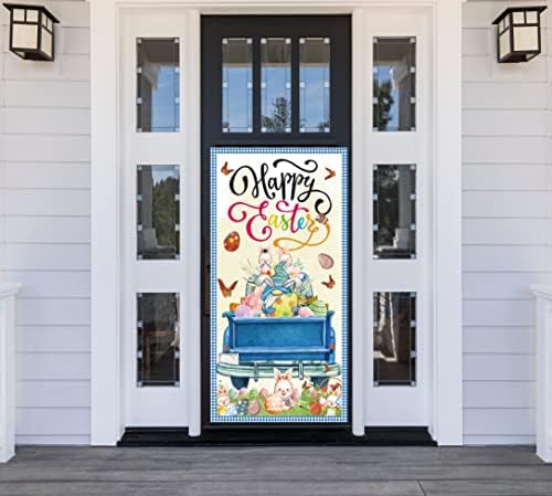 Среќен банер на Велигденска врата, 35,4 × 70,8 инчи украси за велигденска забава, симпатични гноми, јајца и лилјани со тематски украси на вратите, затворен простор на вр